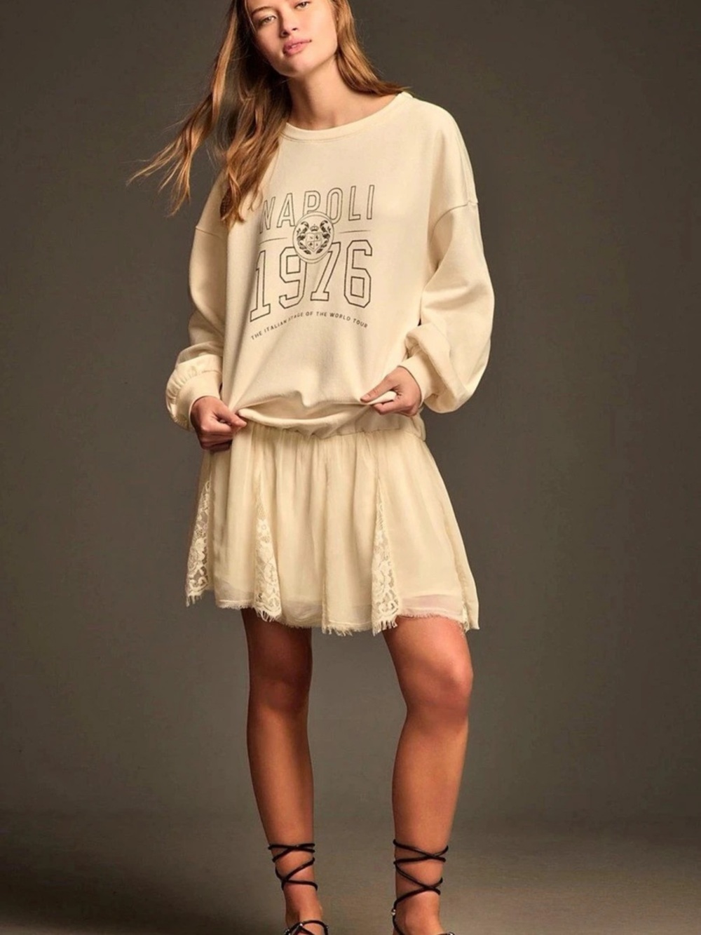 Pilcro long-Sleeve Sweatshirt Twofer Mini Dress in Cream